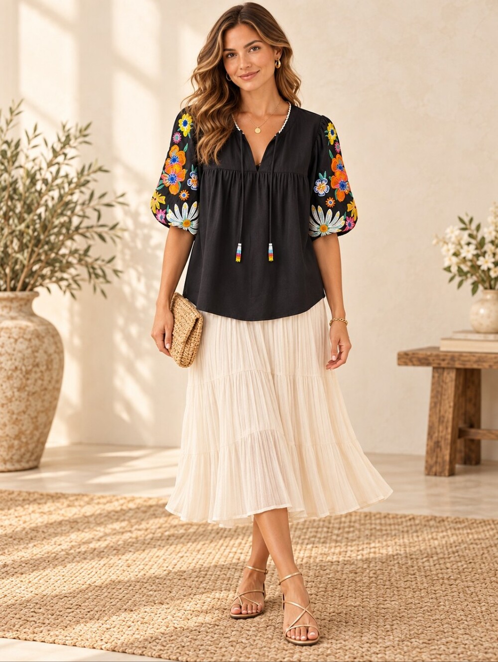 Women’s Black Floral Embroidered Puff Sleeve Boho Blouse Beaded Tie Neck Size S